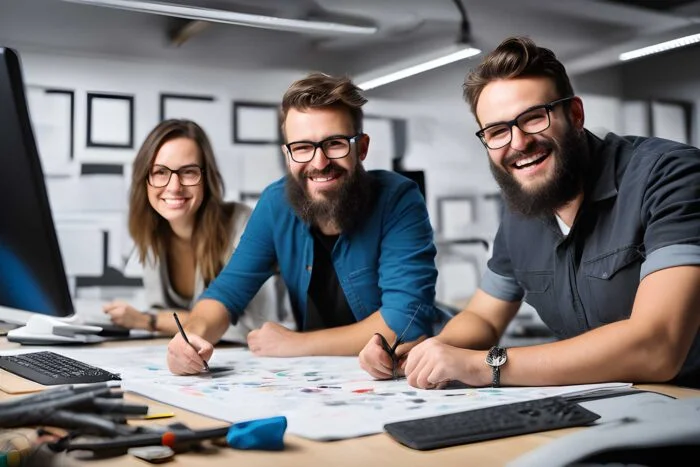two graphic designers one revising the colors of a printed sheet and the other developing a website 1