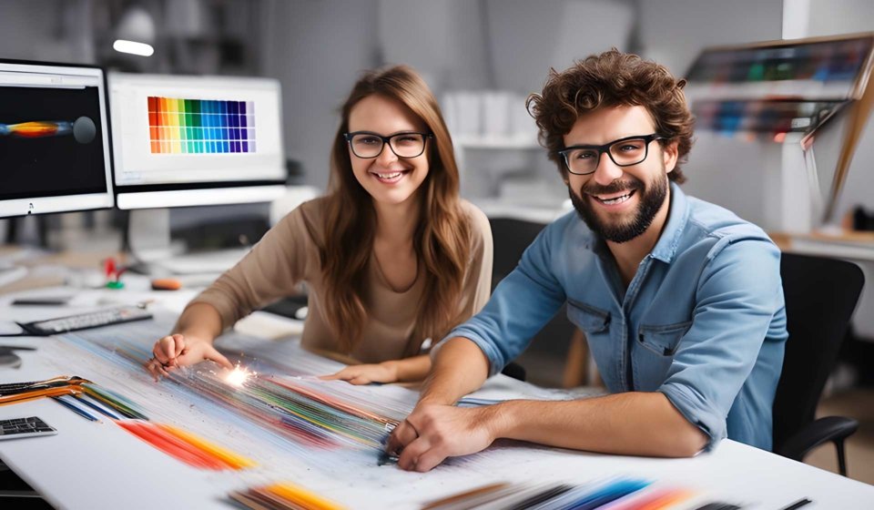 two-graphic-designers-one-revising-the-colors-of-a-printed-sheet-and-the-other-developing-a-website