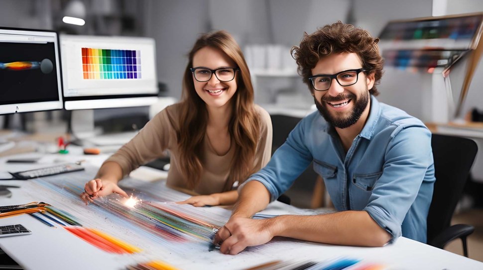 two-graphic-designers-one-revising-the-colors-of-a-printed-sheet-and-the-other-developing-a-website