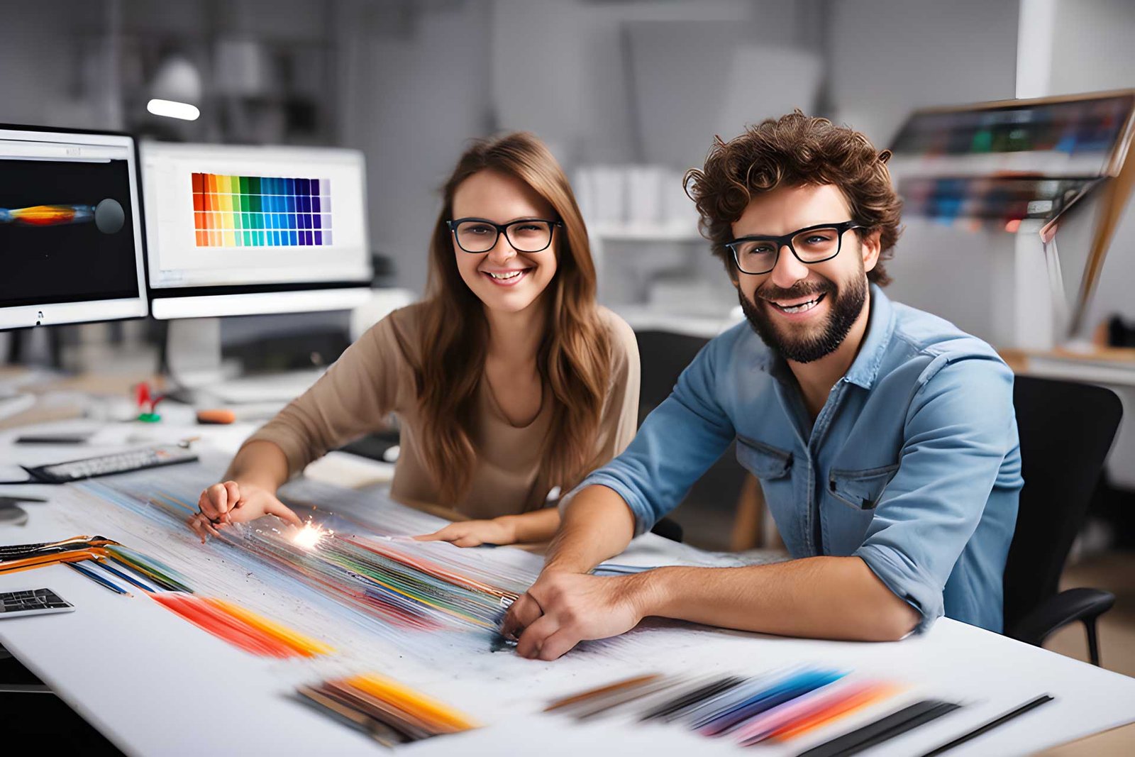 two-graphic-designers-one-revising-the-colors-of-a-printed-sheet-and-the-other-developing-a-website